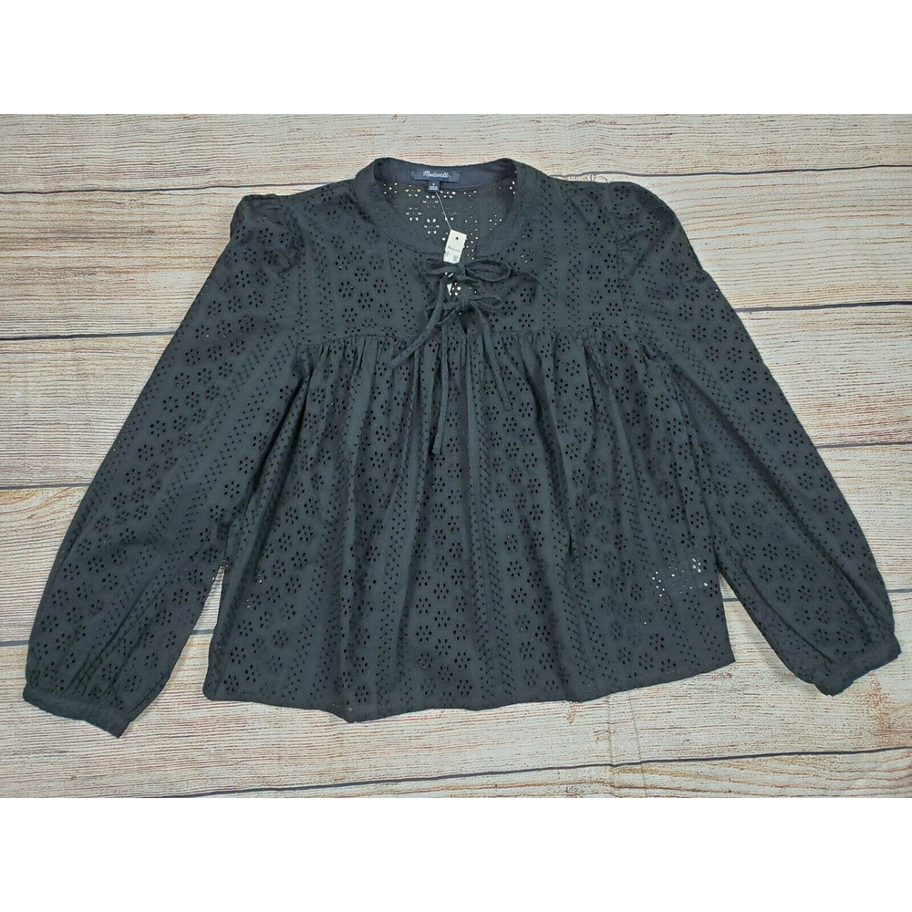 Madewell Black Eyelet Double Tie Peasant Top Size Small NWT $92